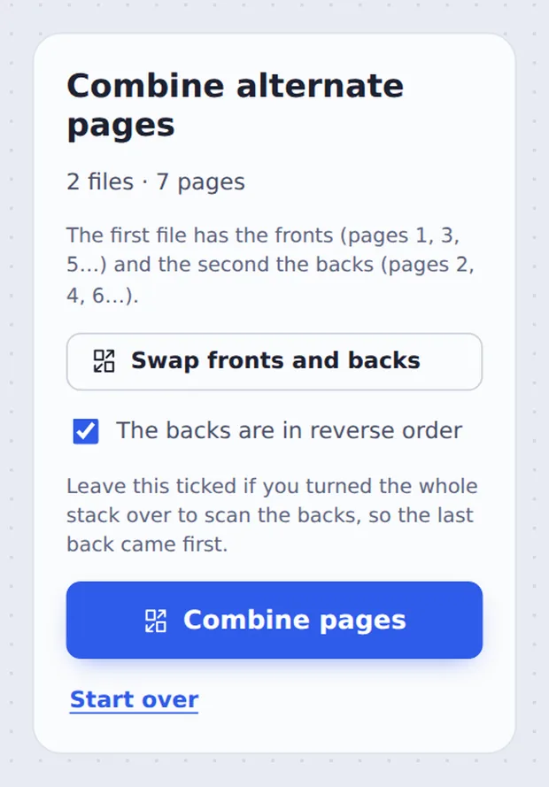 Swap and reverse order options to combine PDF alternate pages