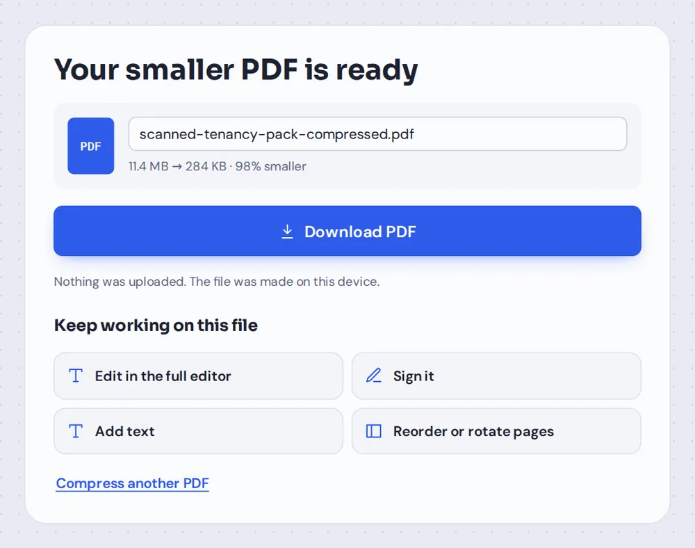 Compress PDF result: 11.4 MB down to 284 KB, 98% smaller