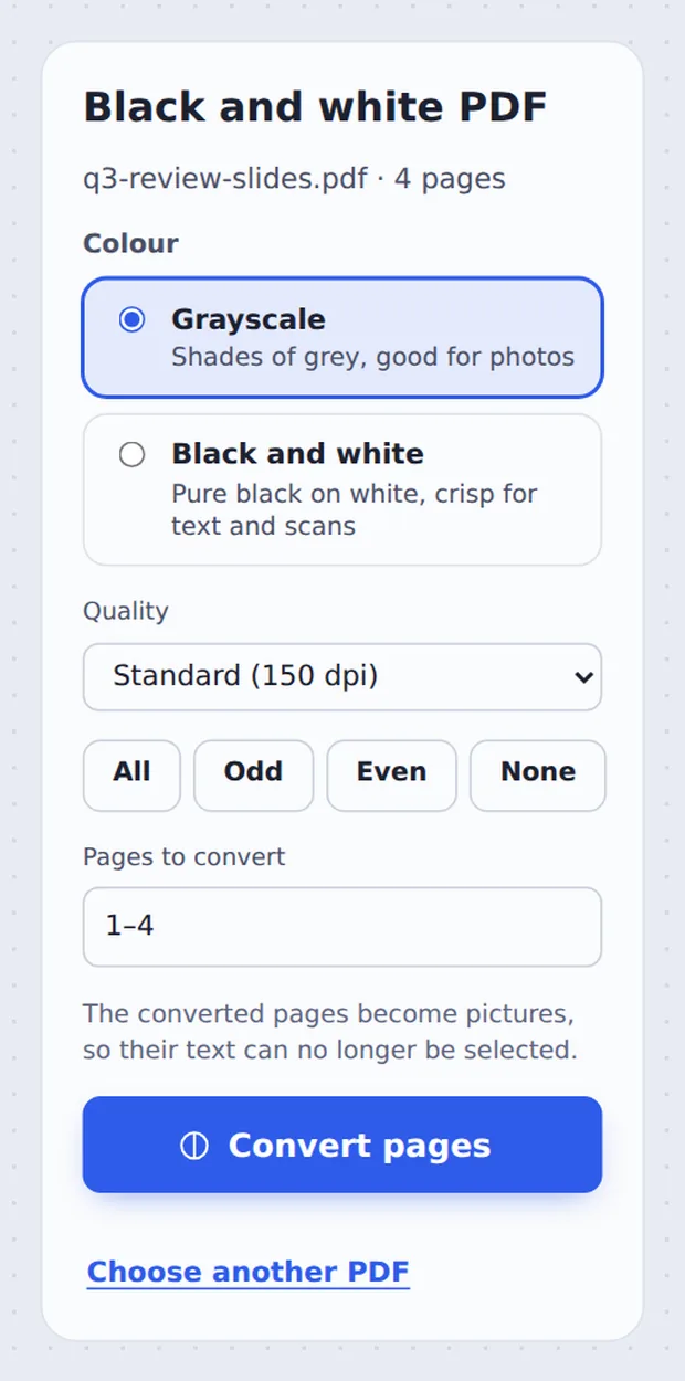 Grayscale and black and white options to convert PDF to black and white