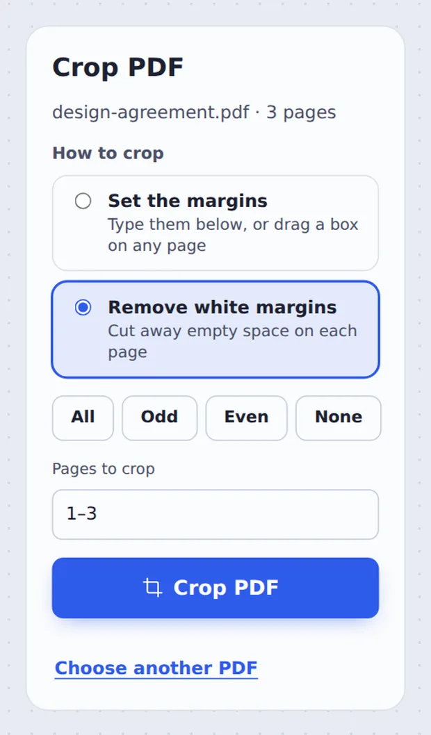 Margins and Remove white margins options to crop PDF pages