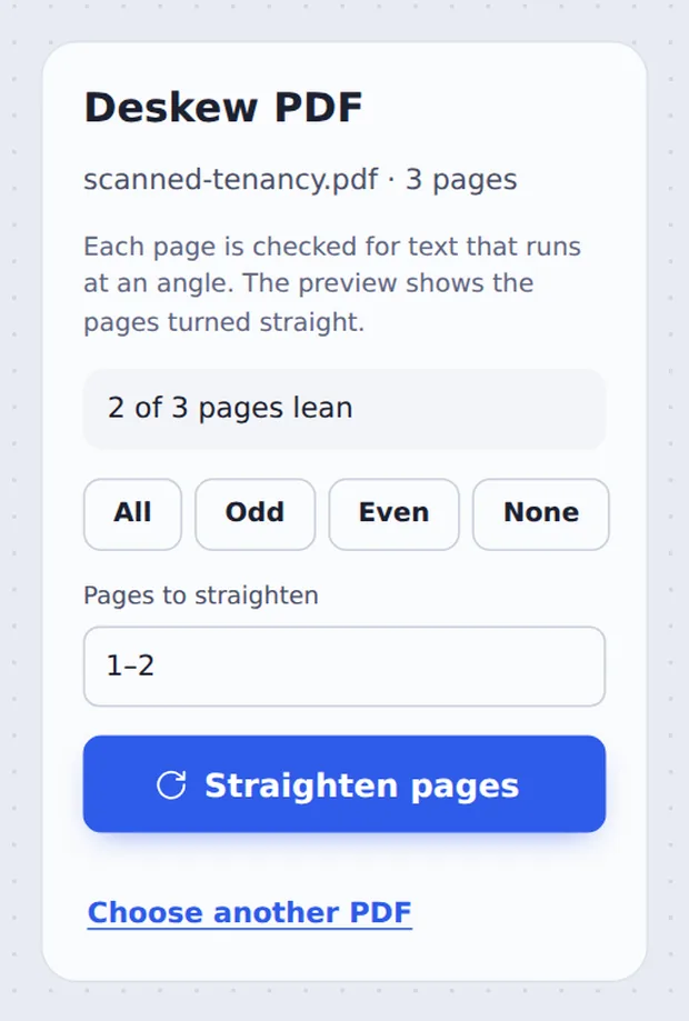 2 of 3 pages lean, selected to deskew PDF pages