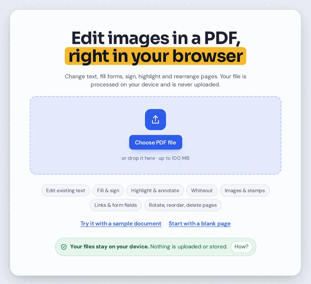 Choose a file to edit images in PDF online