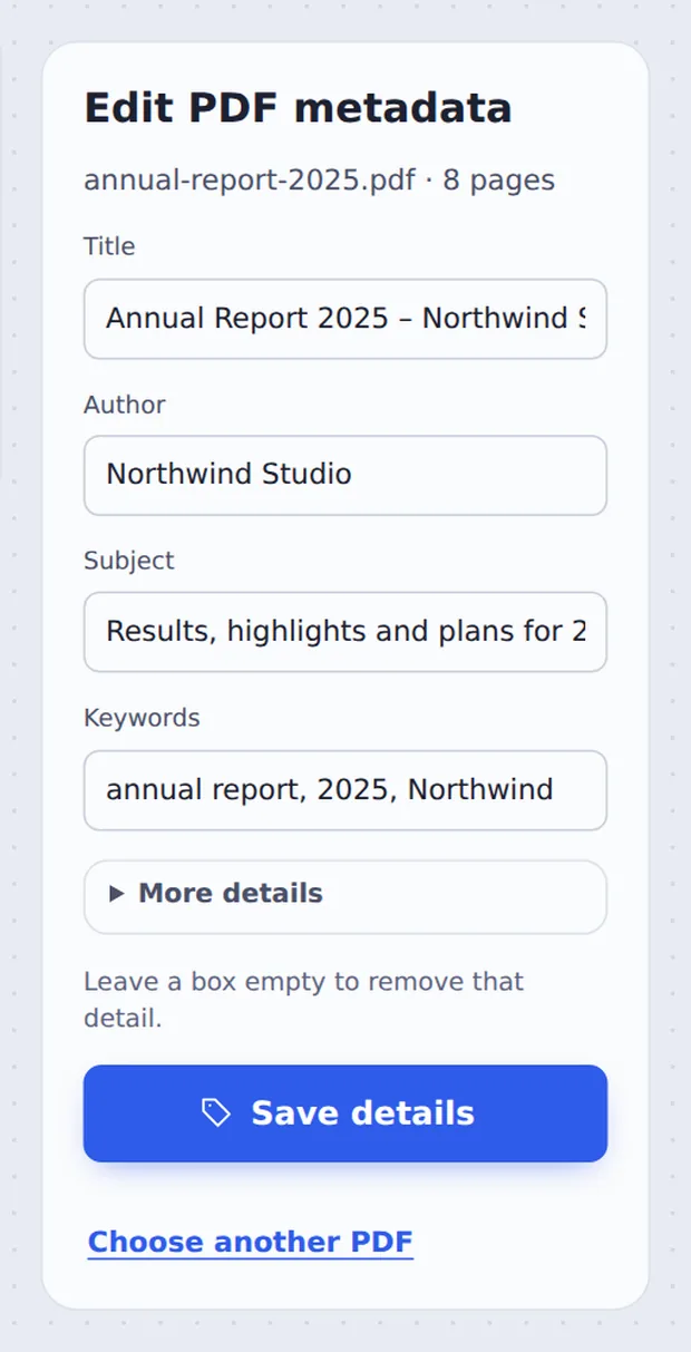 Title, author, subject and keyword boxes to edit PDF metadata