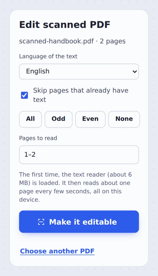 Language and page options to edit scanned PDF pages