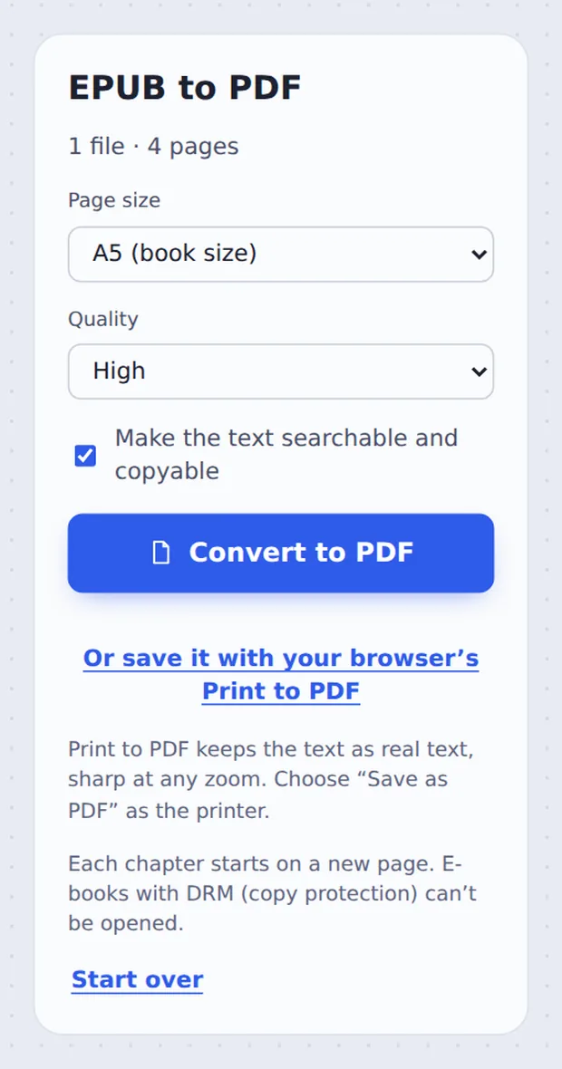 Page size, quality and searchable text options to convert EPUB to PDF