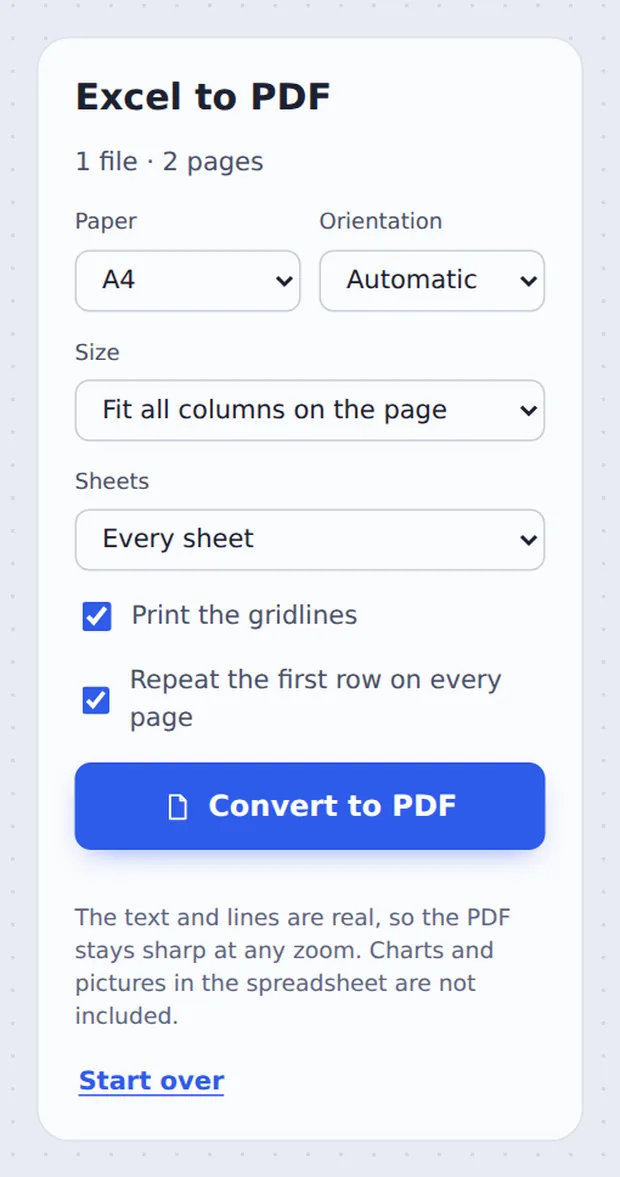 Paper, orientation, fit and gridline options to convert Excel to PDF