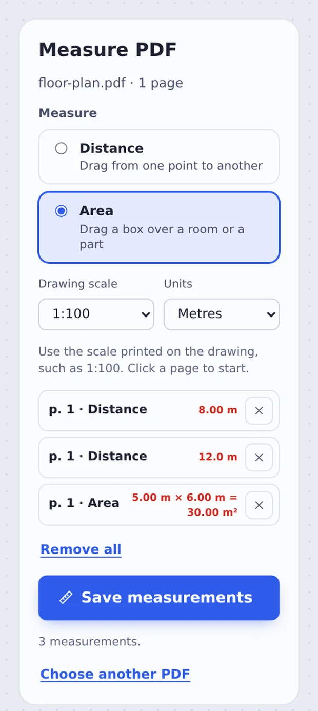 Distance, area, scale and units options to measure PDF drawings