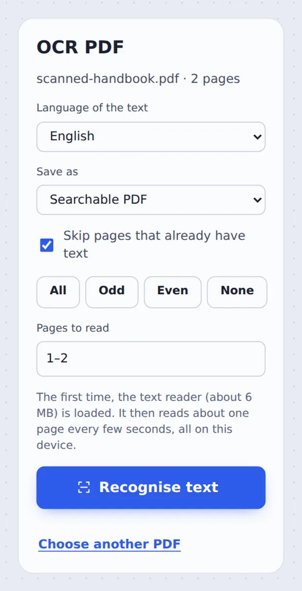 Language, Save as and page options to OCR PDF files
