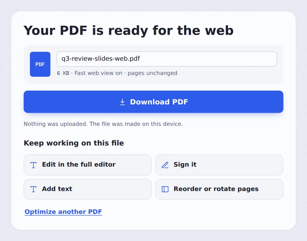 Fast web view on: the file ready after you optimize PDF for web