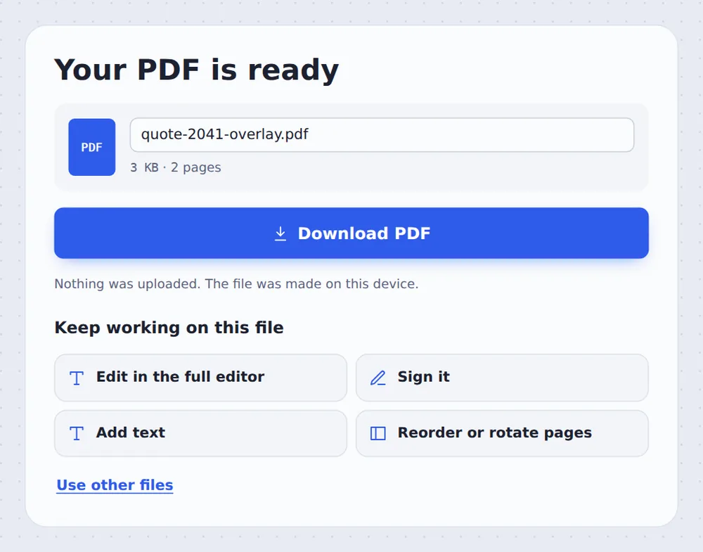 The quote ready to download after you overlay PDF letterhead