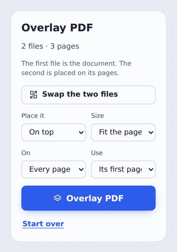 On top or behind, every page or first page options to overlay PDF files
