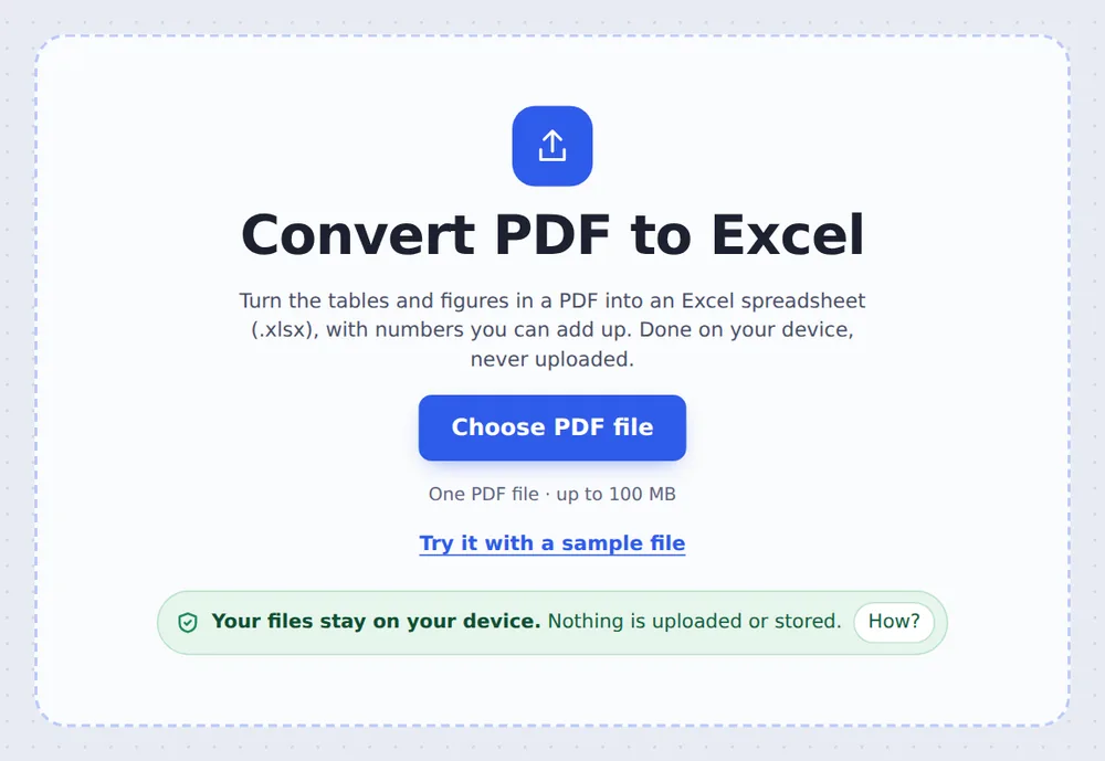 Choose a file to convert PDF to Excel