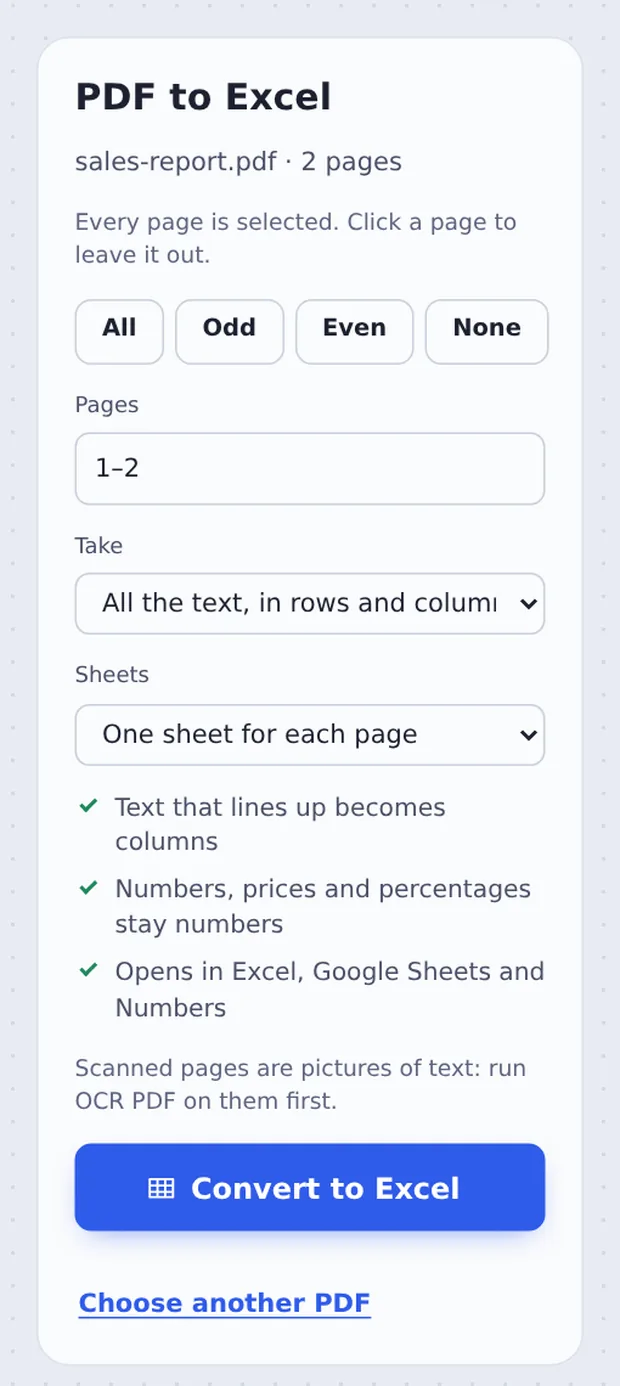 Page, table and sheet options for PDF to Excel