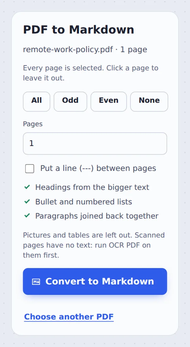 Page selection and page-break option for PDF to Markdown
