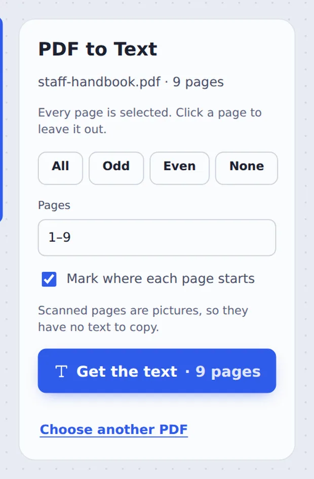 Page selection and page markers when you convert PDF to text