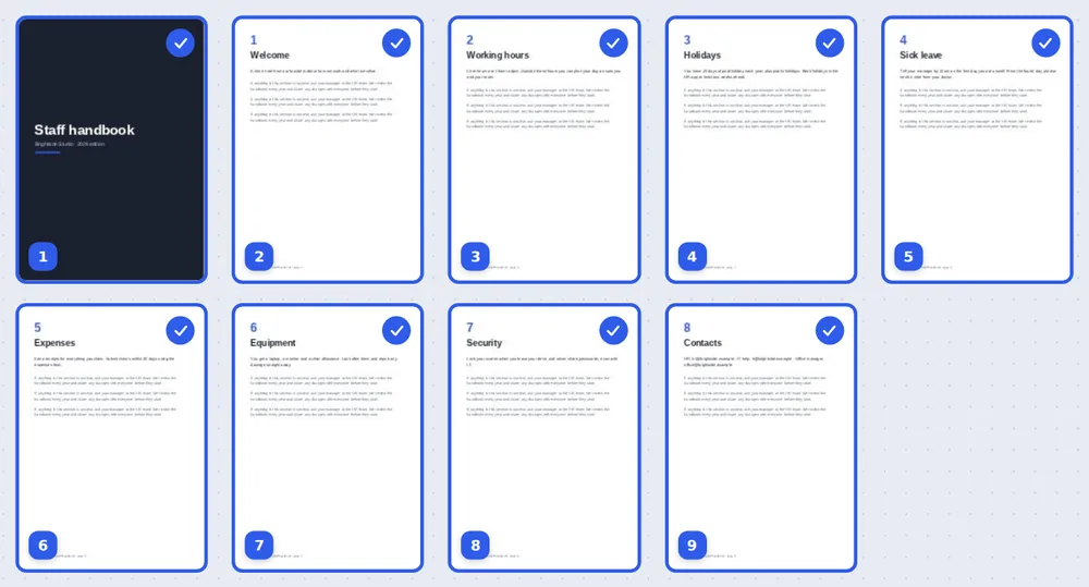 Pages selected for PDF to text, each with a tick