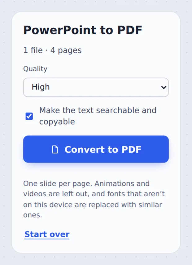 Quality and searchable text options to convert PPT to PDF