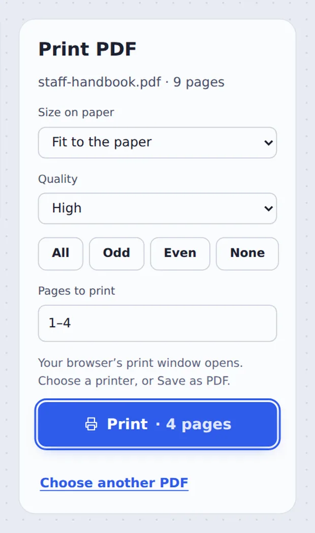 Size on paper, quality and page options to print PDF online