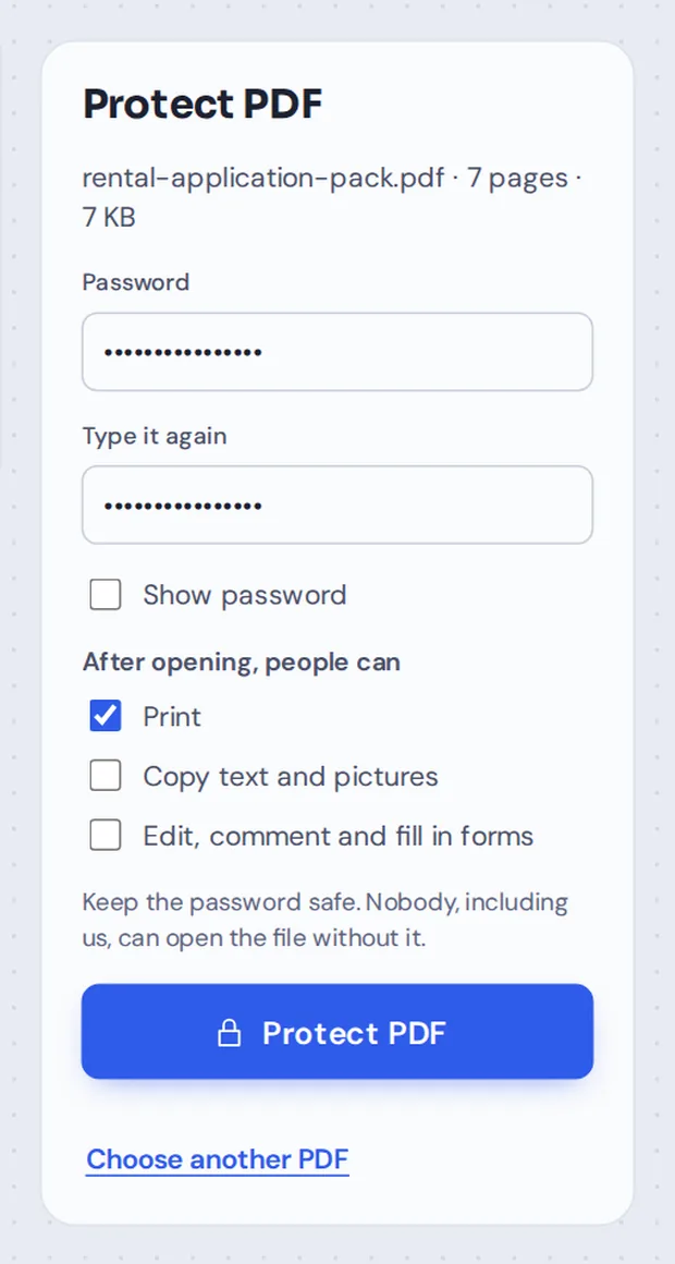 Password and permission options to password protect PDF files