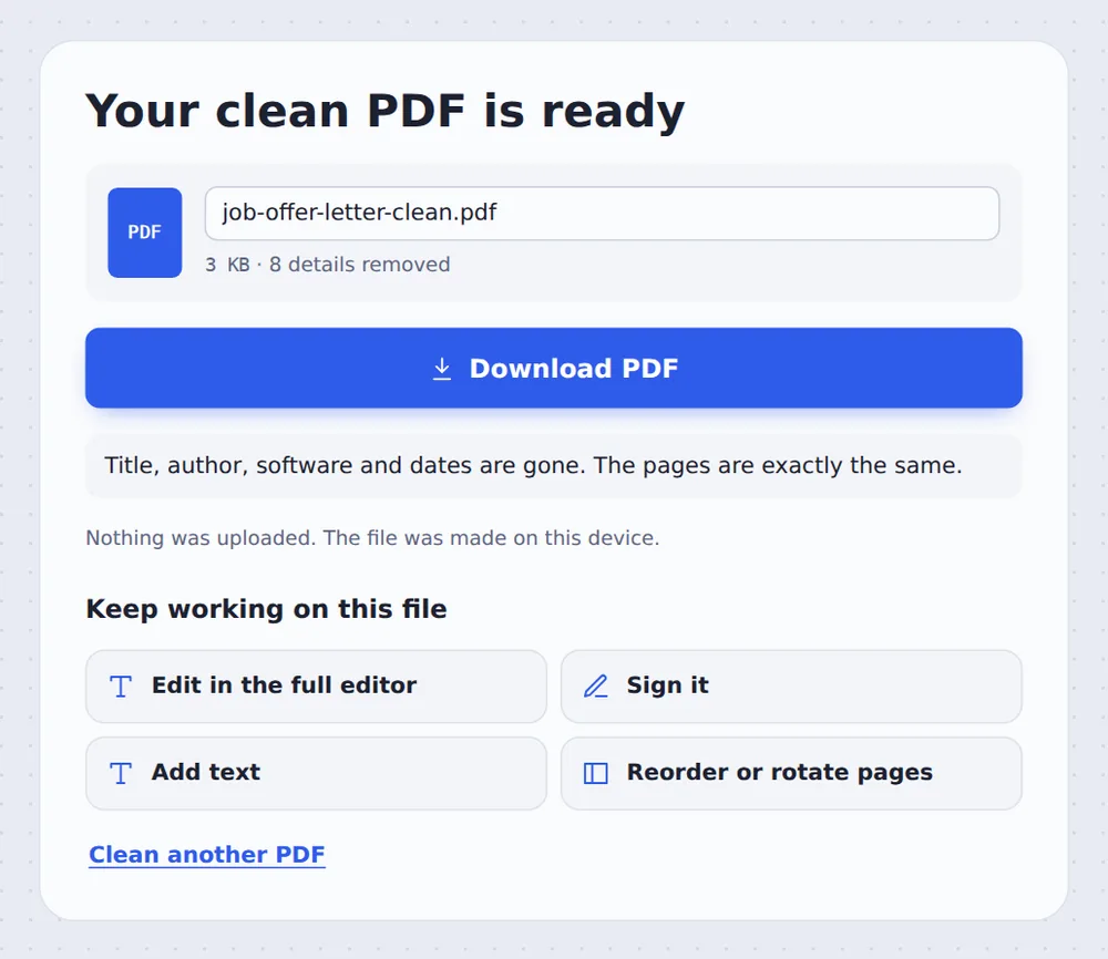 Clean file ready to download after you remove PDF metadata: 8 details removed
