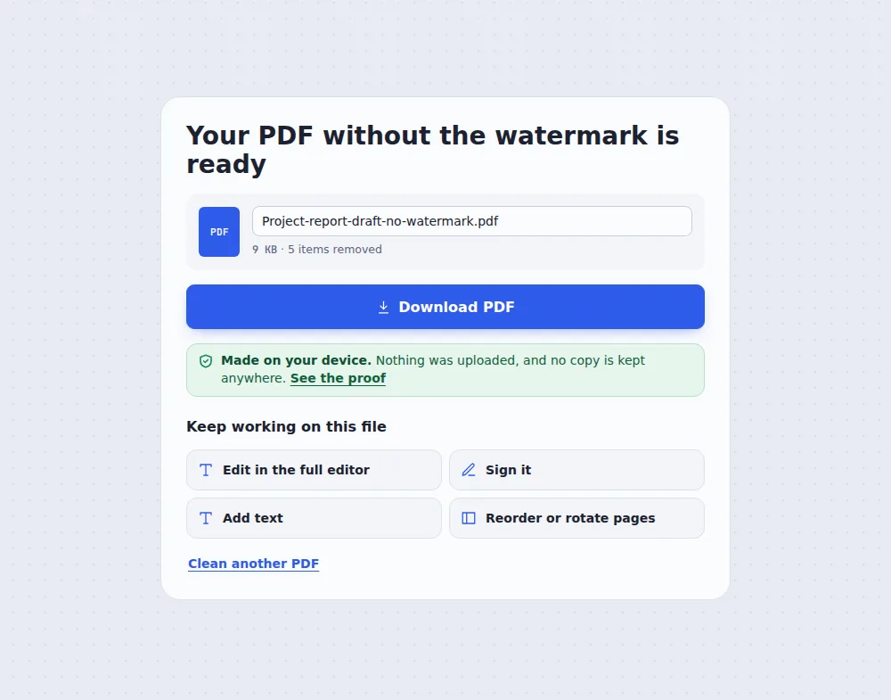 The file ready to download after you remove watermark from PDF