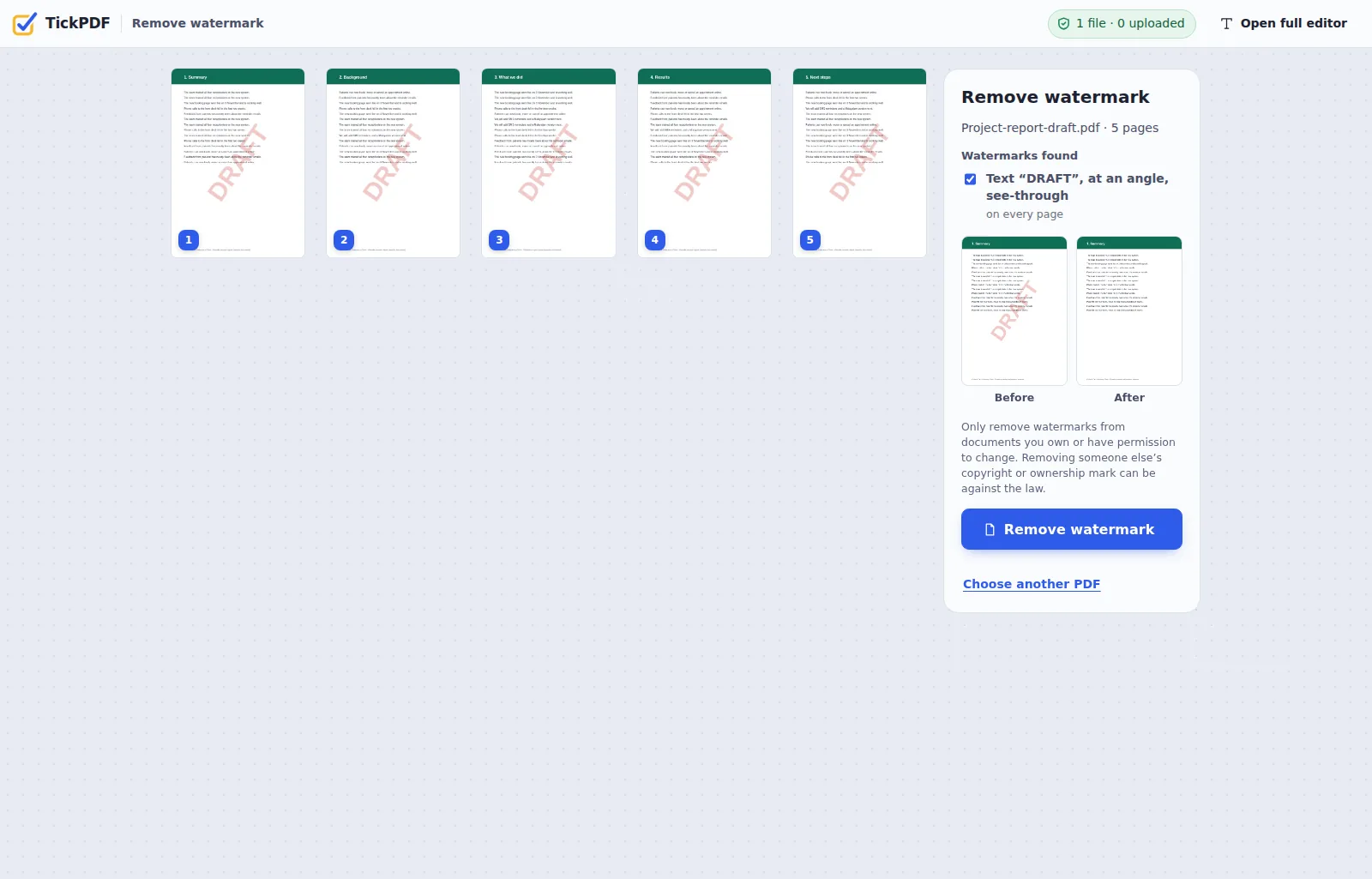 Remove watermark from PDF online: a report with a DRAFT watermark found on every page