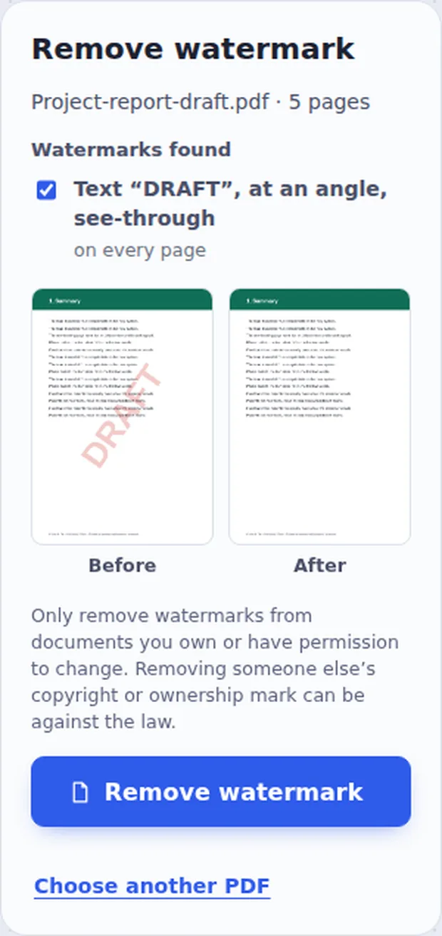 The watermark found, with a before and after preview, to remove watermark from PDF