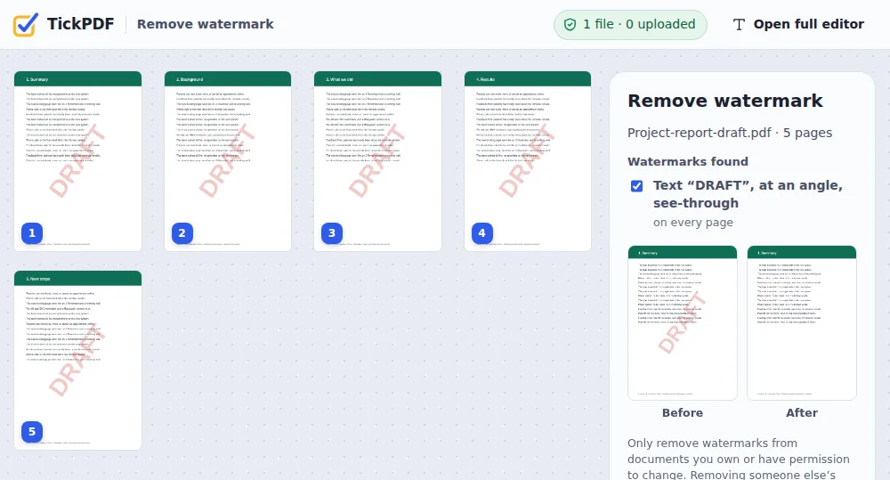 Pages with a DRAFT watermark, ready to remove watermark from PDF