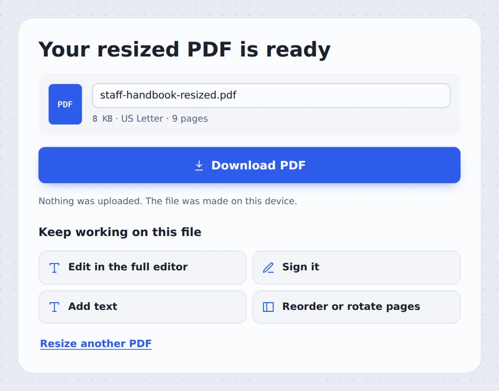 The file ready to download after you resize PDF pages to US Letter