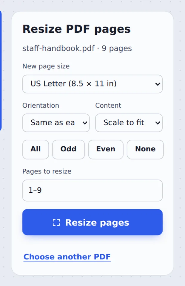 Page size, orientation and fit options to resize PDF pages