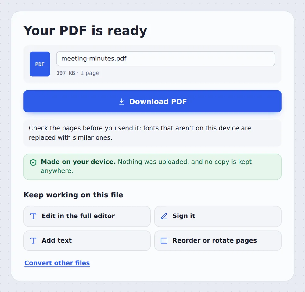 A one-page file after RTF to PDF conversion