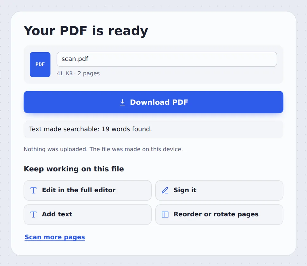 The scan ready to download after you scan to PDF