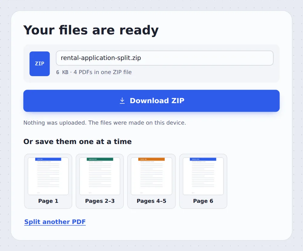 Four files named after their chapters after you split PDF by bookmarks