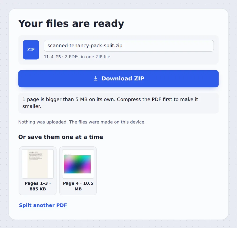 Files under 5 MB each after you split PDF by size