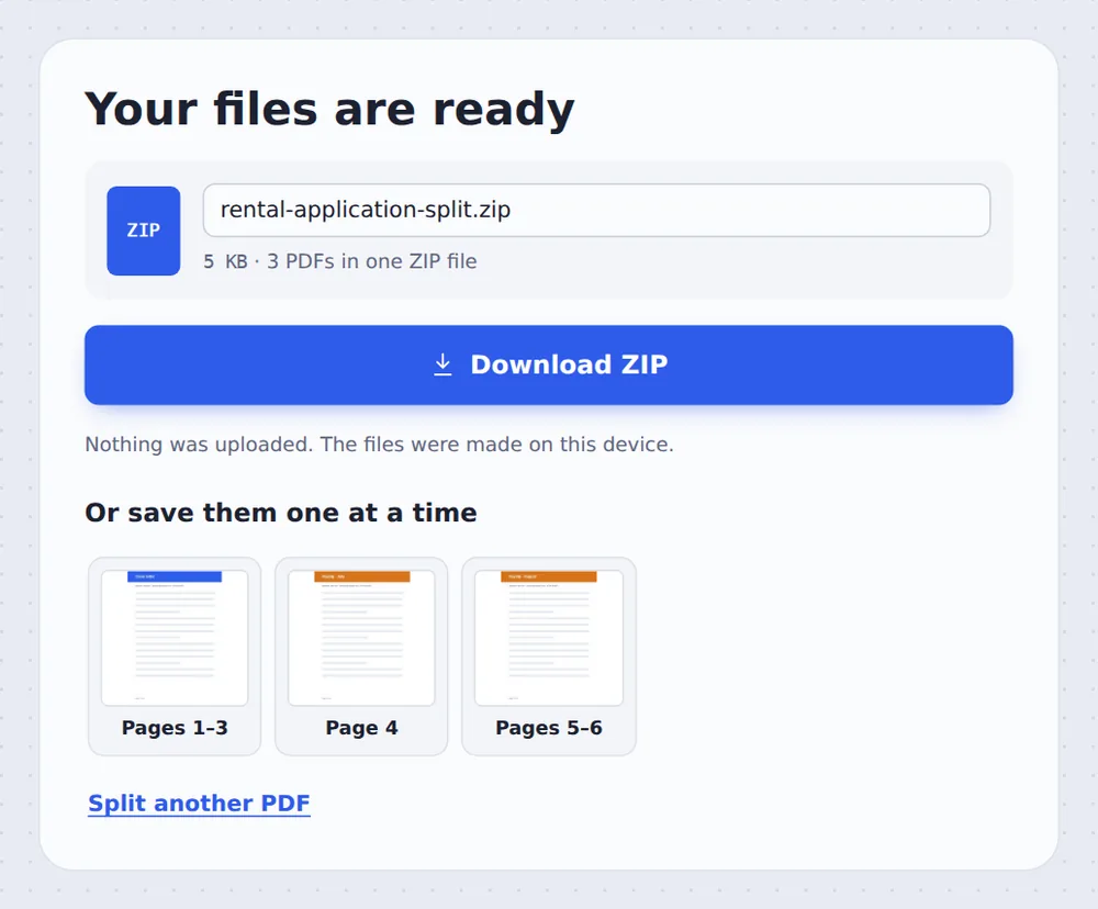 Three files ready after you split PDF by text