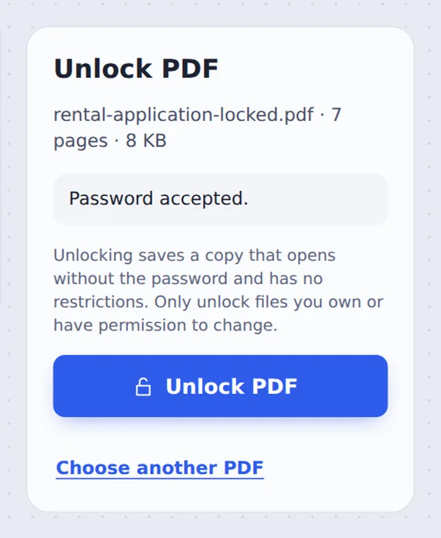 Password accepted and ready to unlock PDF